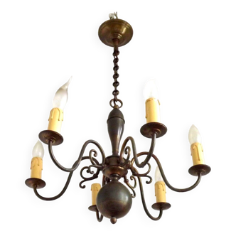 Vintage 6 Light Bronze Two Tone Effect Metal Flemish Style Chandelier 4485