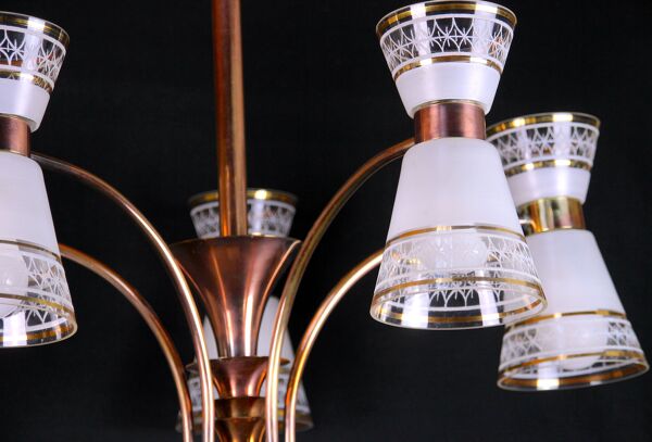 lustre En Laiton Du milieu Du Siècle Avec Abat-Jour En Verre Gelé Diabolo, France