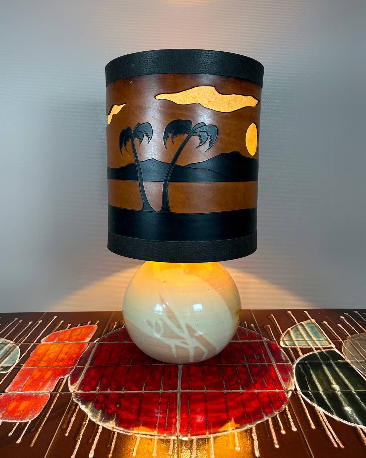 Original vintage ceramic and leather lamp