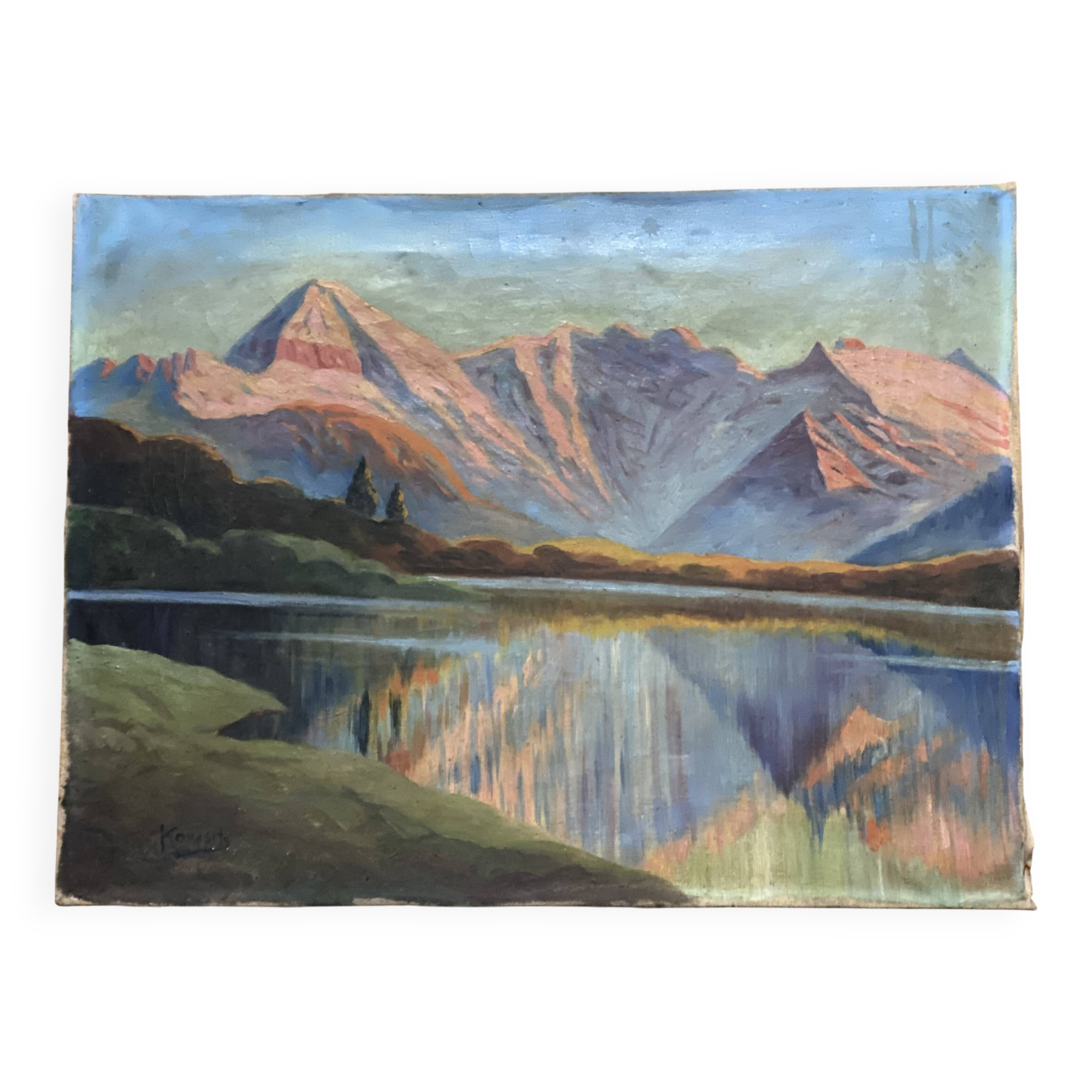 Painting by Andor Kovasits, Sunset on a mountain lake (Austria)