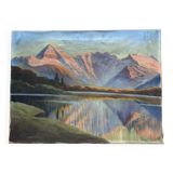 Painting by Andor Kovasits, Sunset on a mountain lake (Austria)