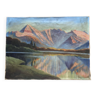 Painting by Andor Kovasits, Sunset on a mountain lake (Austria)