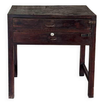 Meuble de métier ancien indonésien en teck à deux tiroirs H80,5 L79,5x51