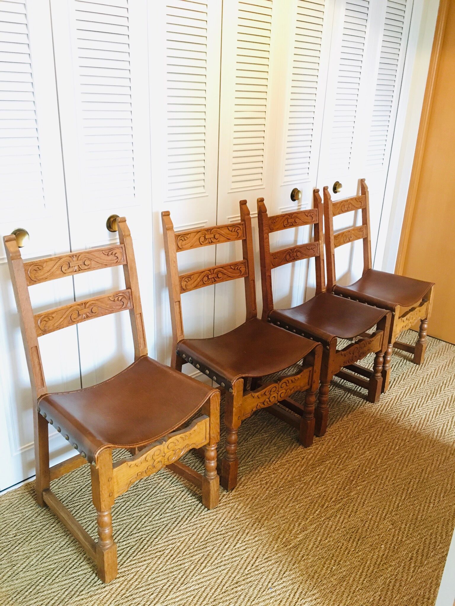 Lot of 4 old wooden and leather chairs
