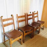 Lot of 4 old wooden and leather chairs