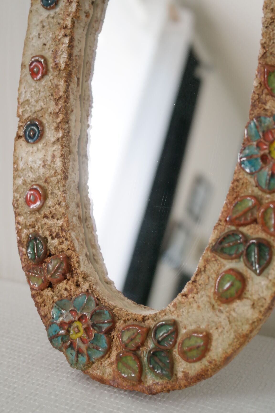 Vallauris ceramic mirror decorated with flowers, circa 1960