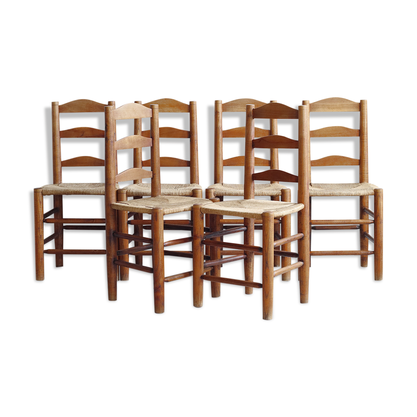Set of six 1950s chairs in solid wood and straw