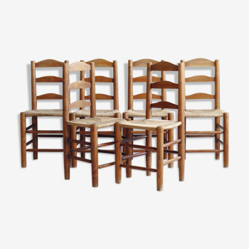 Suite de six chaises années 50 en bois massif et paille