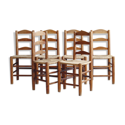 Suite de six chaises années 50 en bois massif et paille