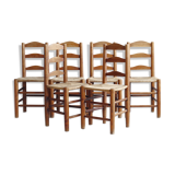 Set of six 1950s chairs in solid wood and straw