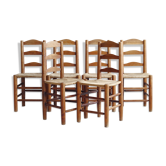 Set of six 1950s chairs in solid wood and straw