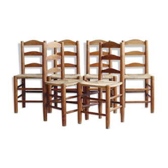Suite of six 50s chairs in solid wood and straw