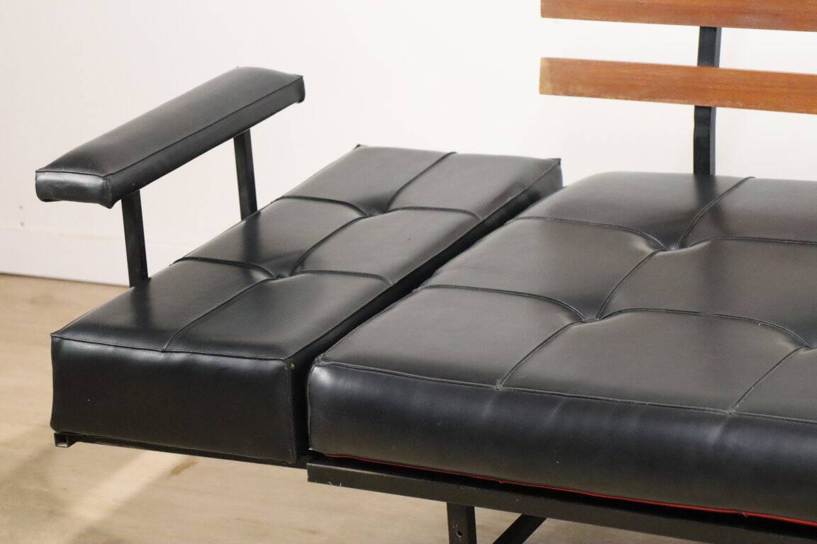 Vintage "Daybed" sofa bench in metal and imitation leather, 1950