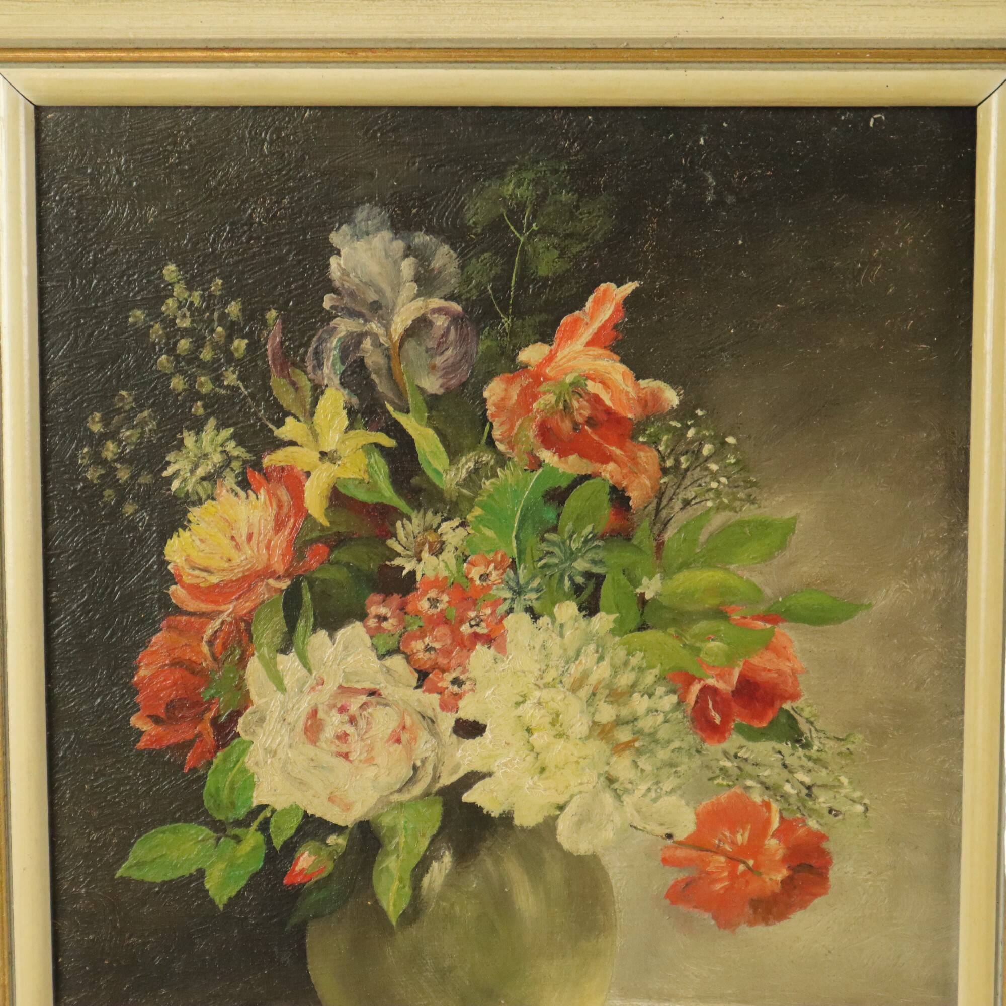 Flowers in Vase Still Life Painting Oil on Canvas Framed Signed