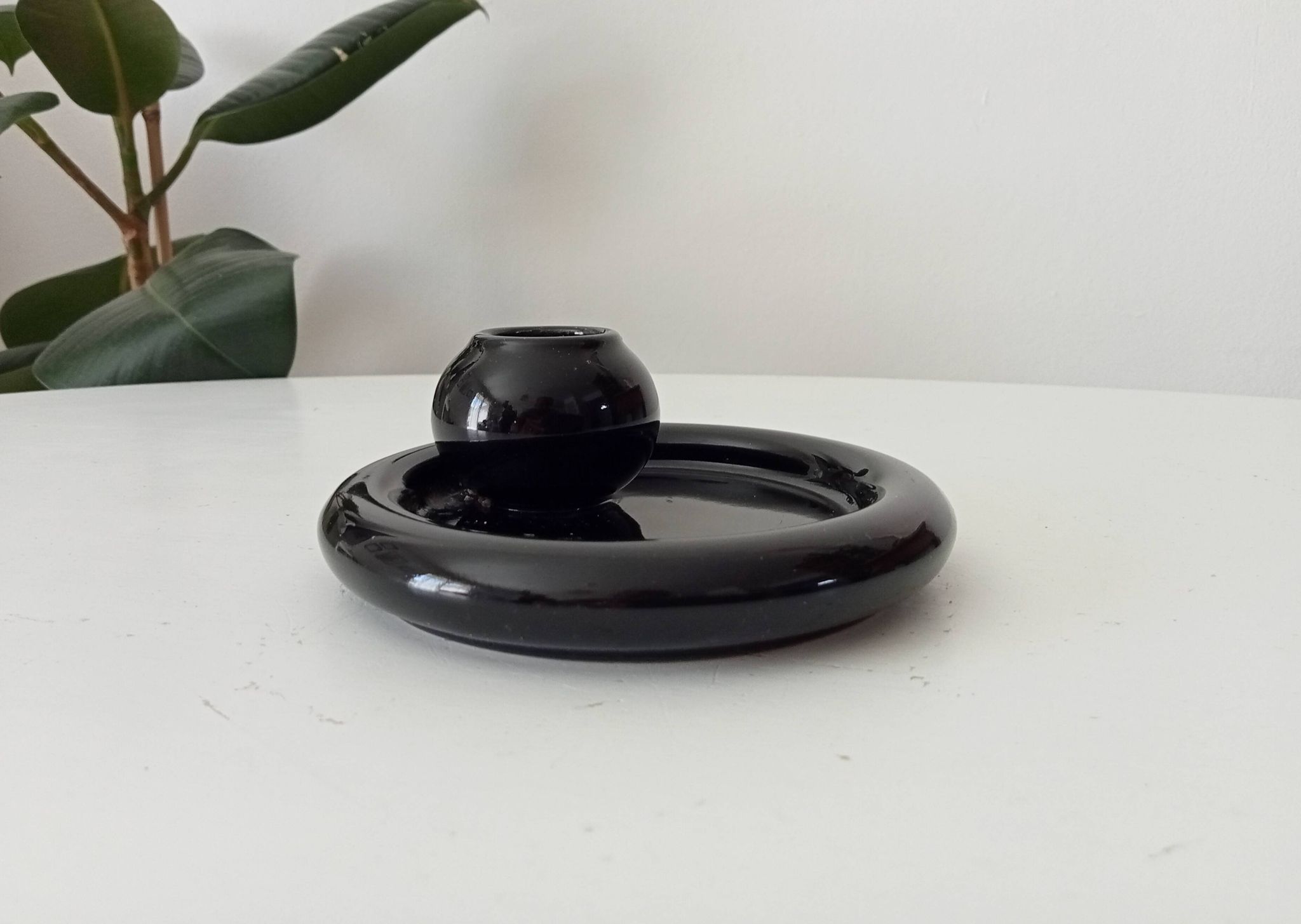 Bougeoir et sa coupelle vintage en céramique noire