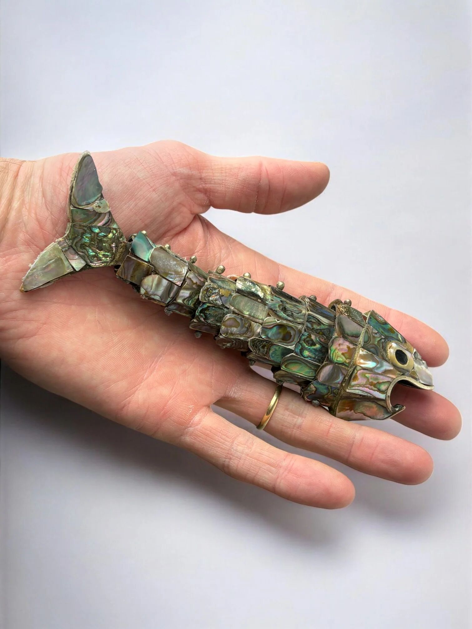 Articulated abalone shell and brass fish bottle opener, Mexico, 1980s, 17 cm