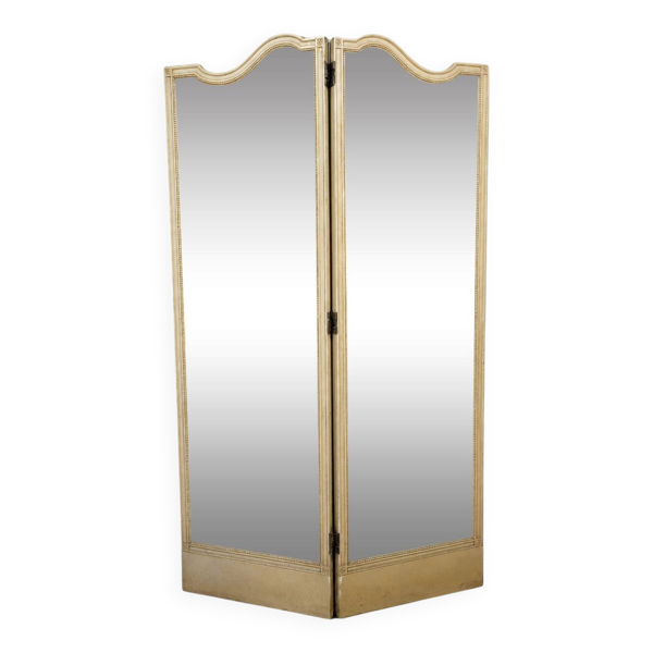 Paravent à deux feuilles en bois laqué crème et miroirs biseautés