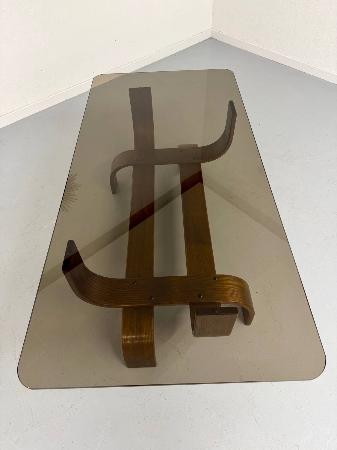 Vintage Fubo coffee table, 1970s design, made of bent wood and smoked glass