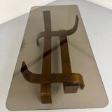 Vintage Fubo coffee table, 1970s design, made of bent wood and smoked glass