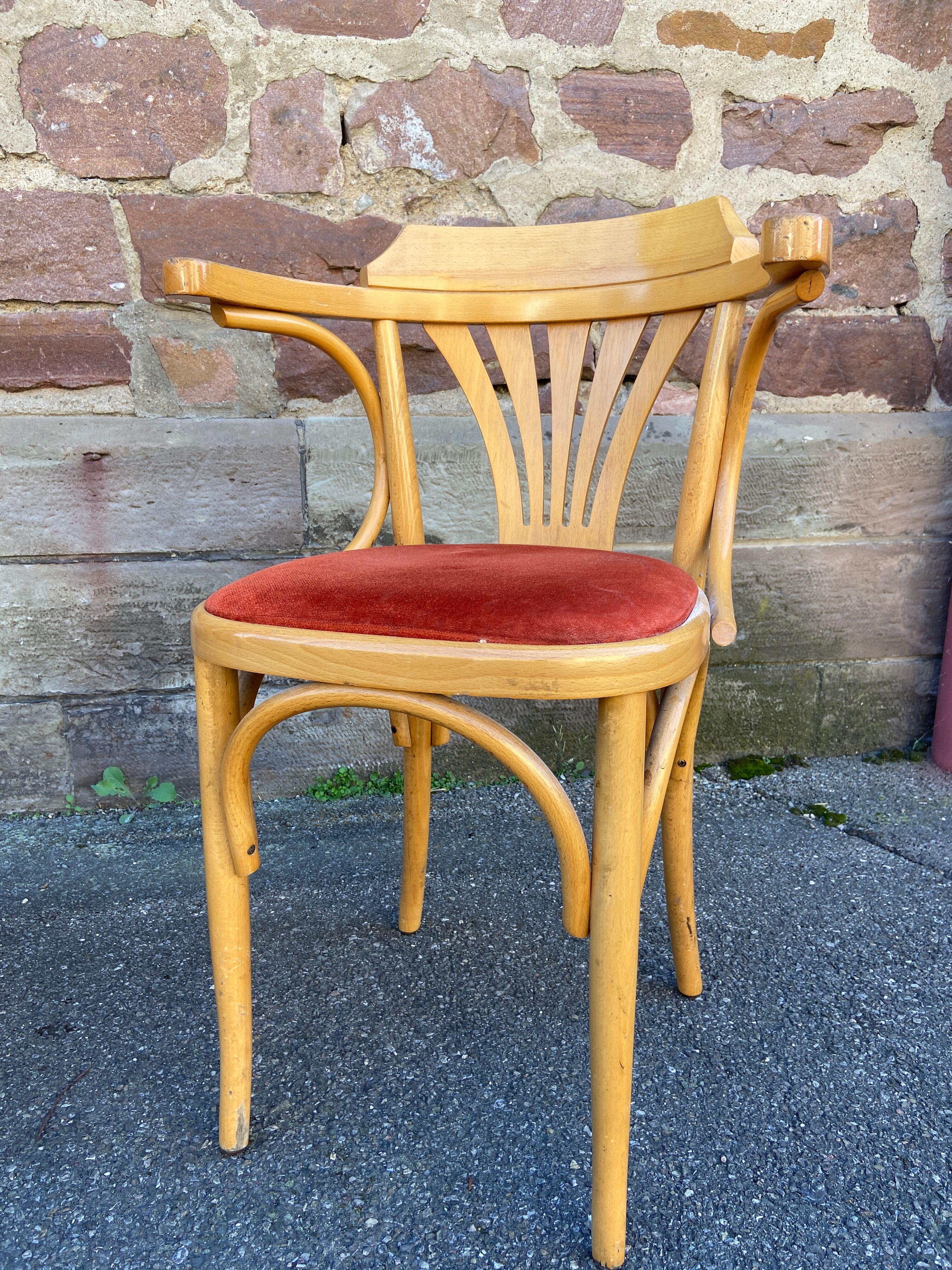 Pair of vintage 80s thonet Baumann style curved wood restaurant armchairs