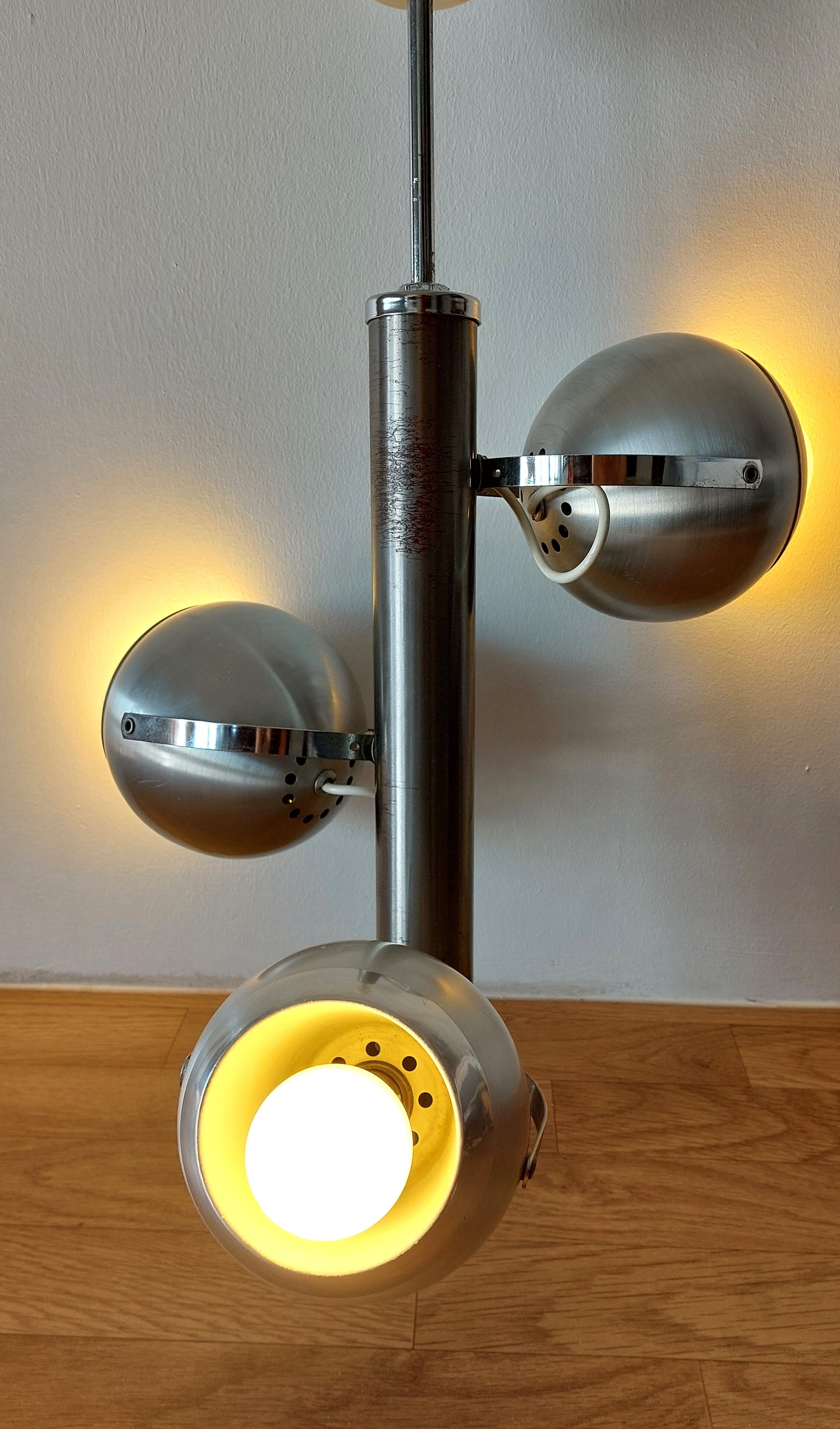 Italian chandelier with three lights in brushed aluminum 1970 "Eyeball"