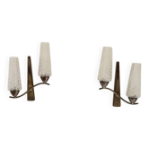 Pair of vintage wall lights in brass and pressed-moulded glass, France, 1950.