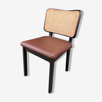 Chaise cannage pieds carrés bois noir cuir chocolat