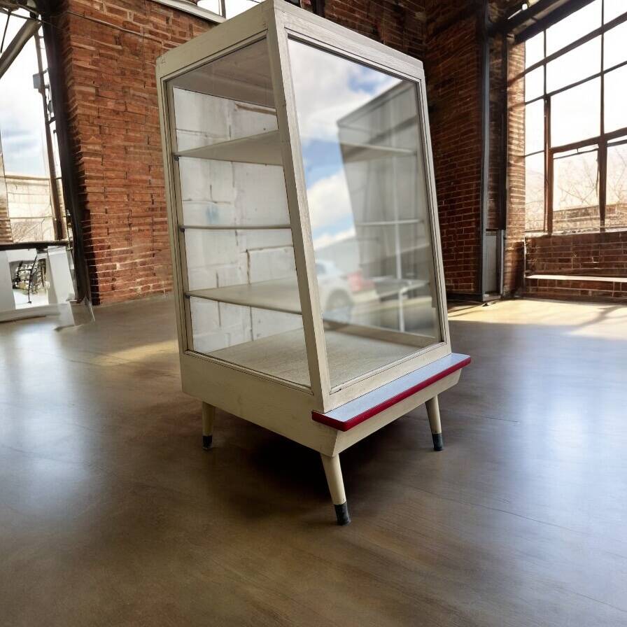 Vintage wooden shop counter, display case, shelf