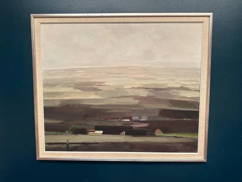 Oil on panel original Swedish - "House in a flat landscape" by Evert Färhm - Dated 1968 - vintage and framed - 81 × 68 cm (31.9" × 26.8")