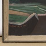 Grand tableau à l'huile vintage « Nettoyage de poissons »