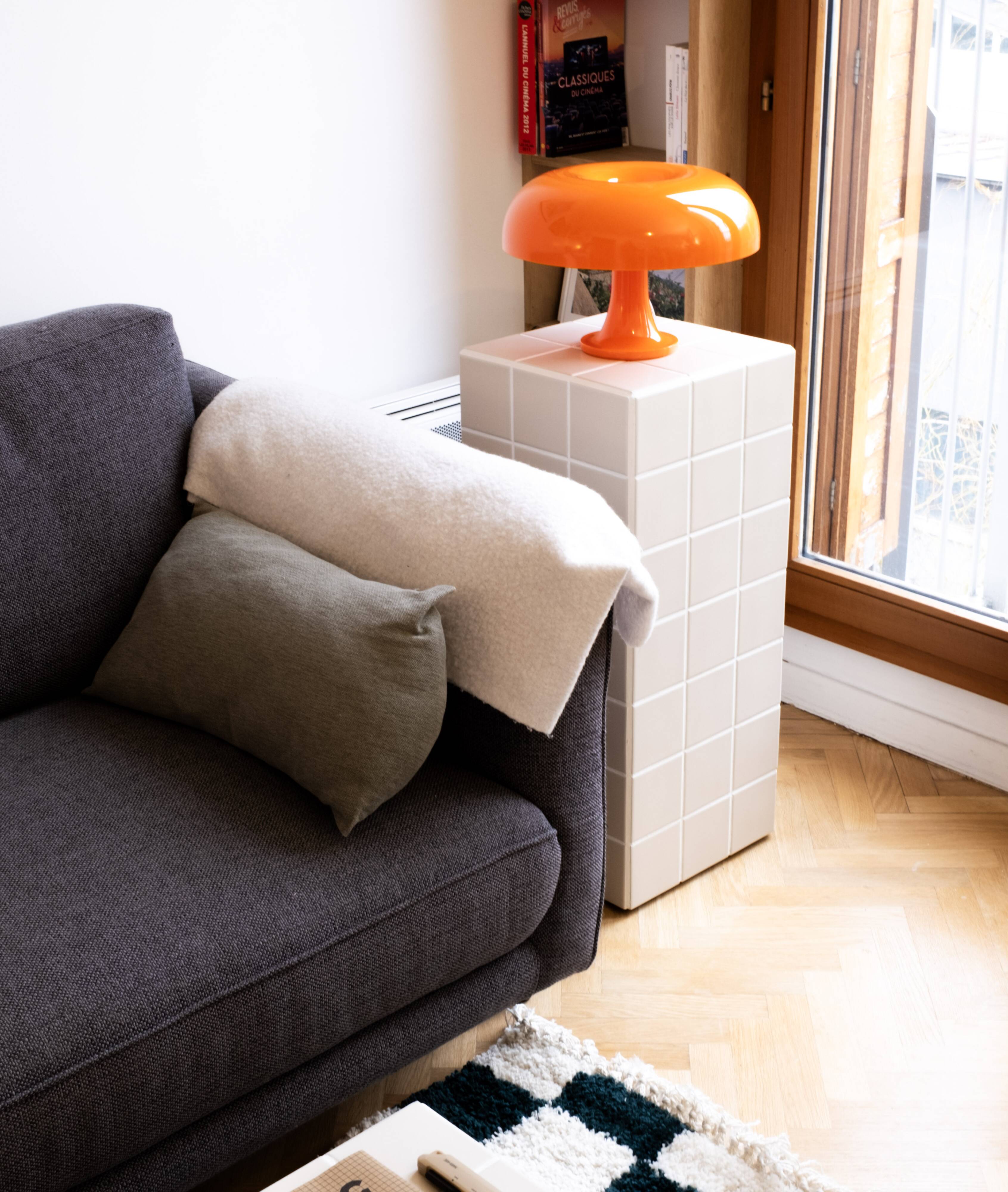 Column, side table in ivory ceramic tiles
