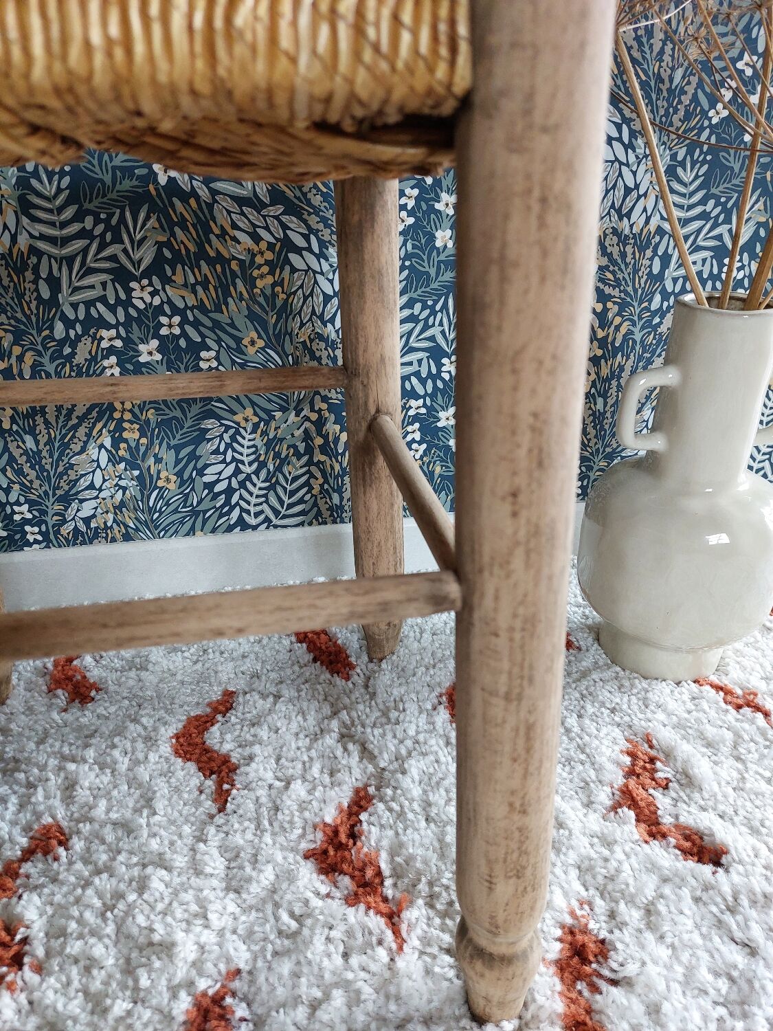 French wooden stool and vintage straw