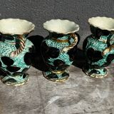 Trio of Vallauris vases in turquoise and black, highlighted with gold, 22 cm high
