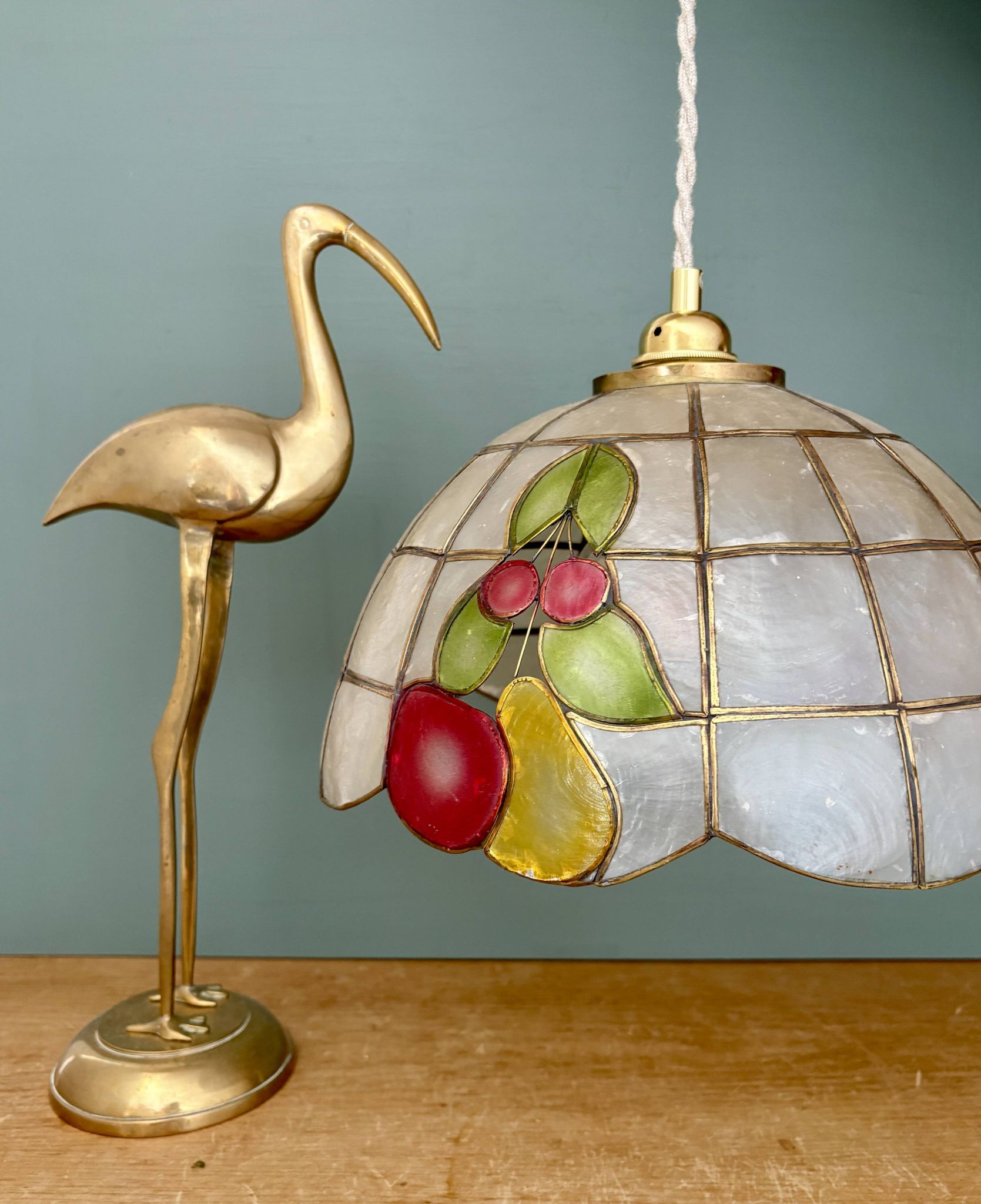 Vintage mother-of-pearl and brass pendant lampshade with fruit decorations