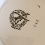 Antique earthenware pedestal dish stamped Moulin des Loups and Hamage