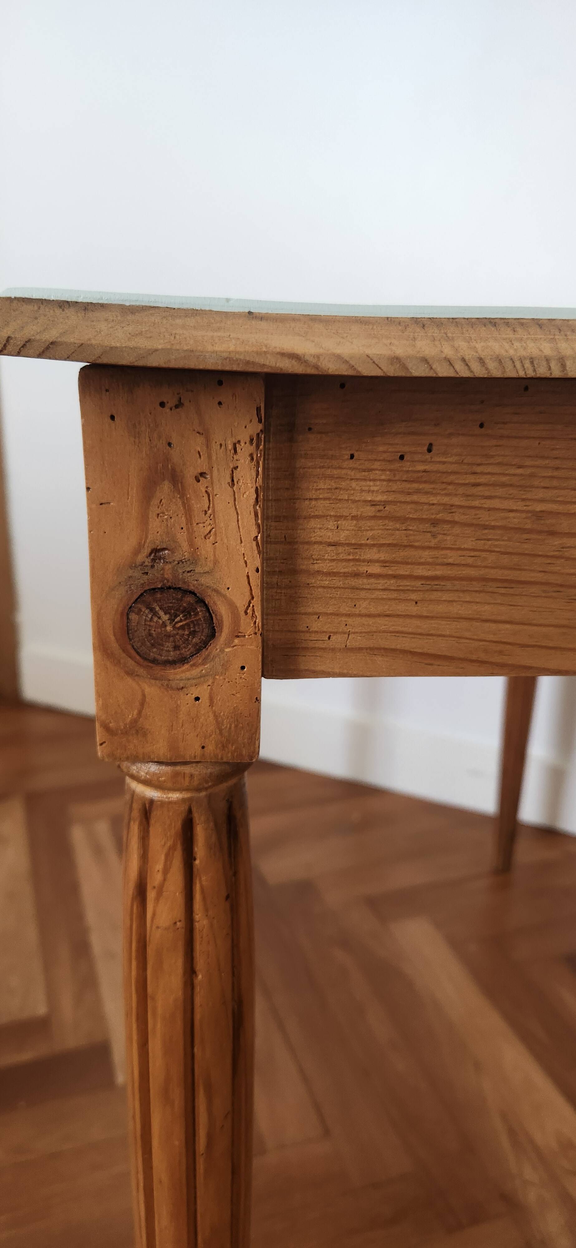 Small Blue Wooden Desk, Grooved Legs