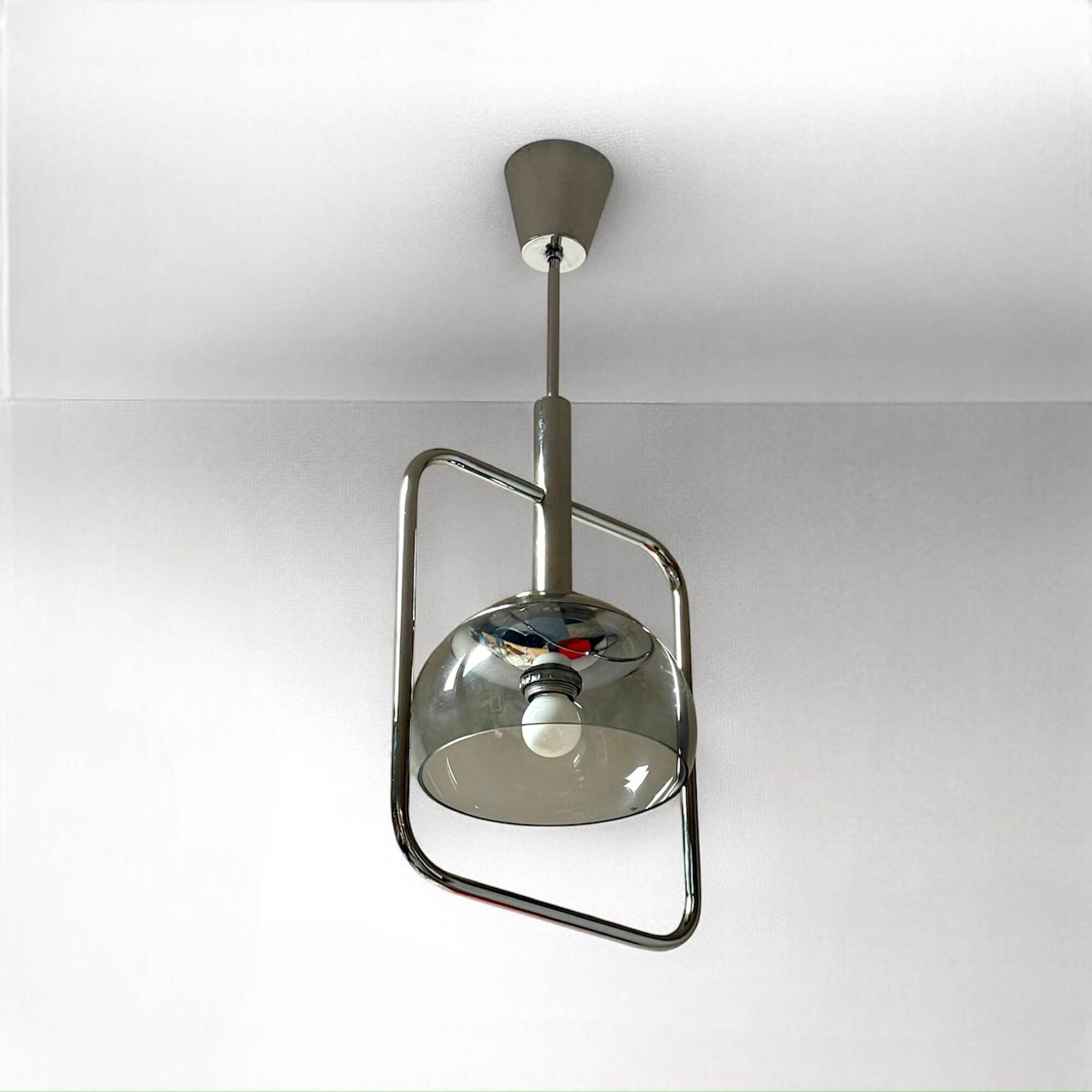 Space Age Pendant Lamp in Chrome Metal and Smoked Plexiglass, 1970s