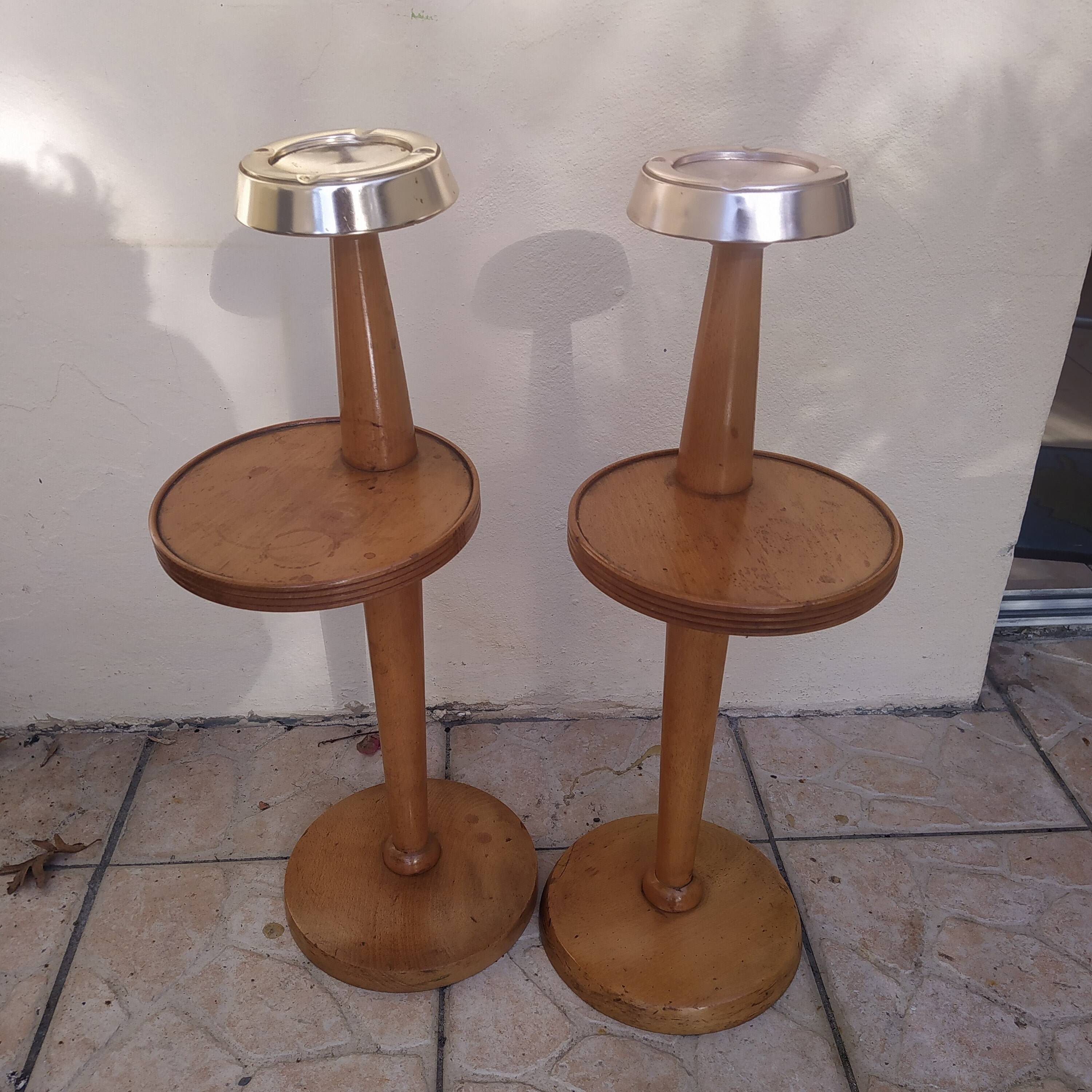Vintage 1970 wooden pedestal ashtray with shelf