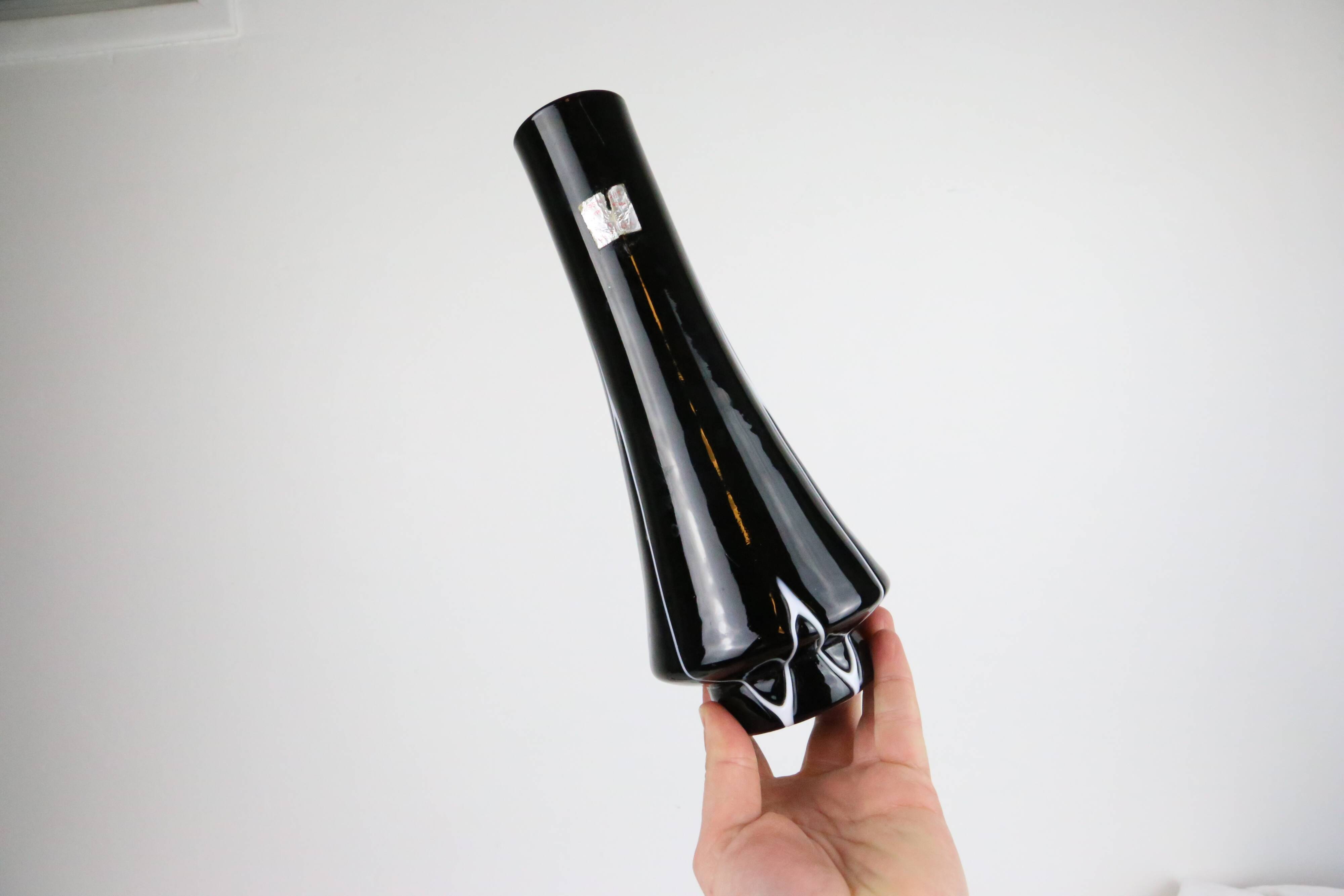 Black and white tempered glass vase, vintage 1960