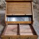 Antique French optician's table display cabinet – Walnut curtain display cabinet, early 1900s.