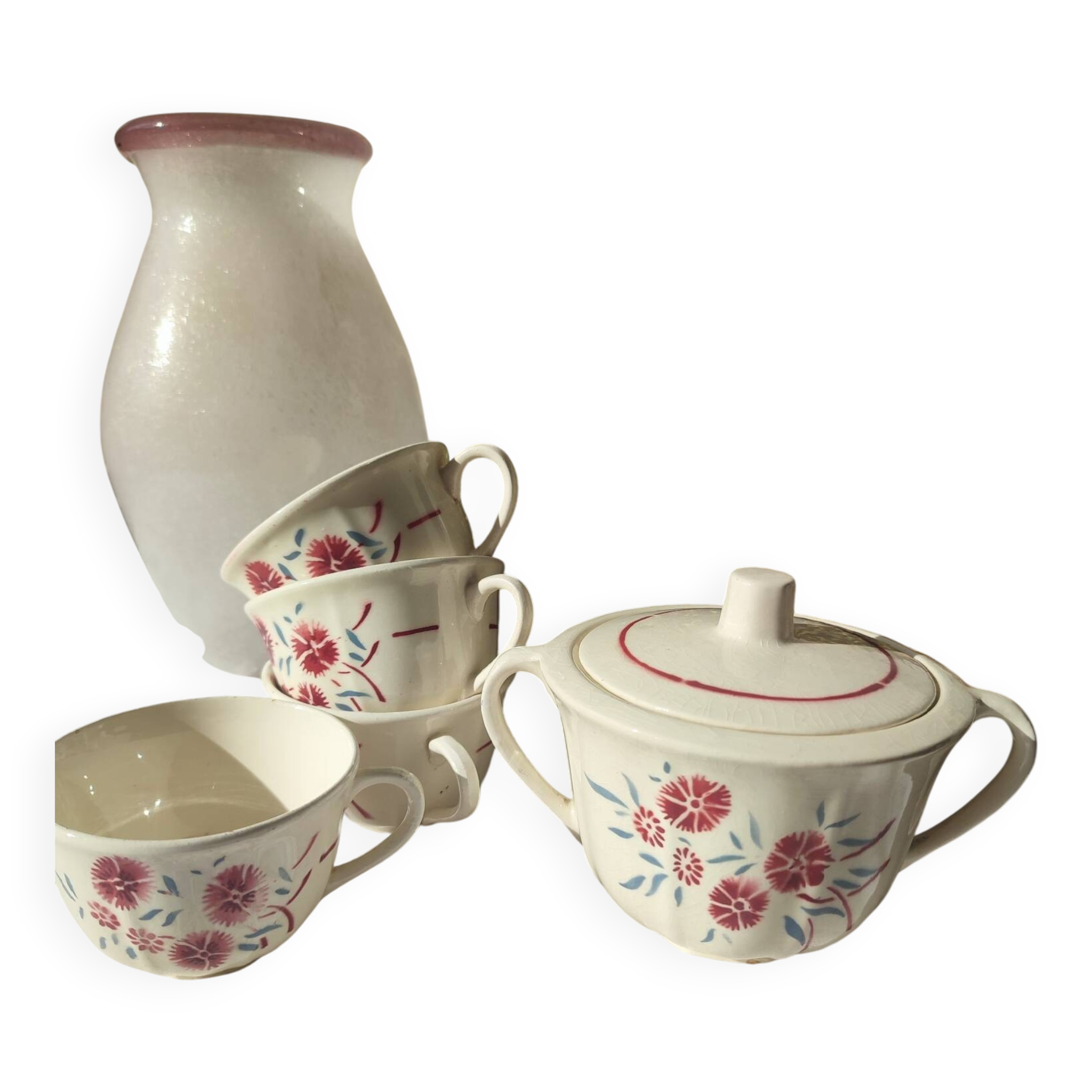 Set of 4 Badonviller Floral cups and a sugar bowl