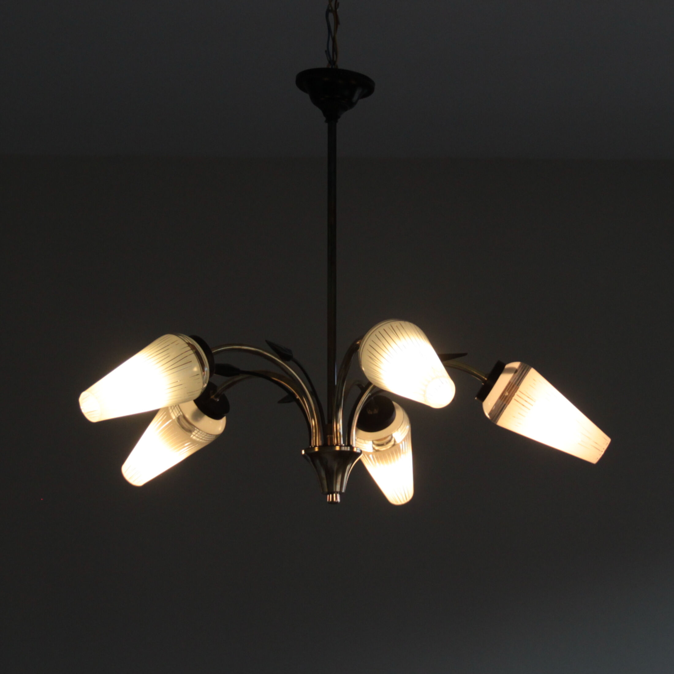 Old chandelier brass and glass tulip 1950 1960 vintage decoration lighting suspension