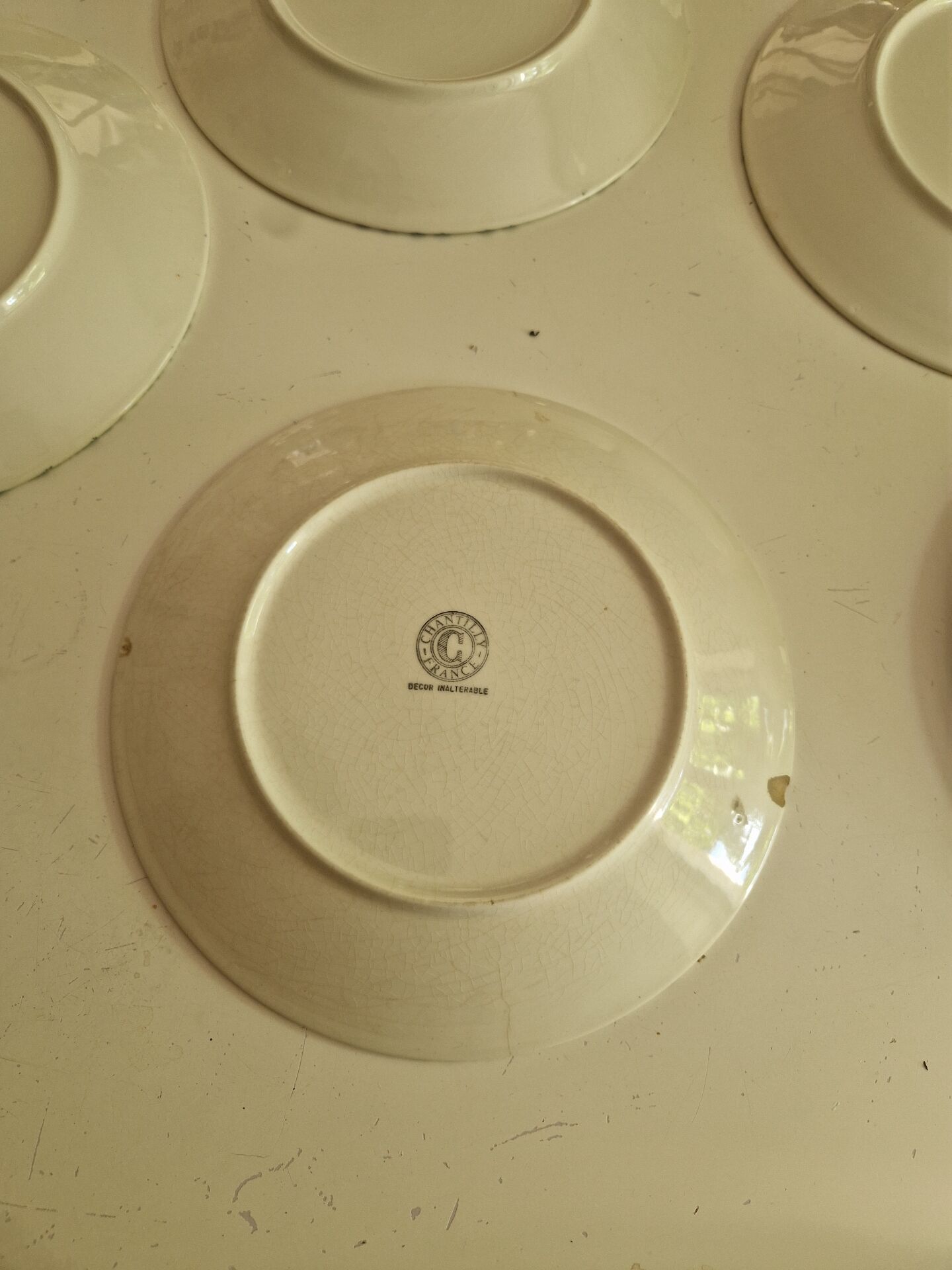12 assiettes plates moucheté noir manufacture Chantilly France