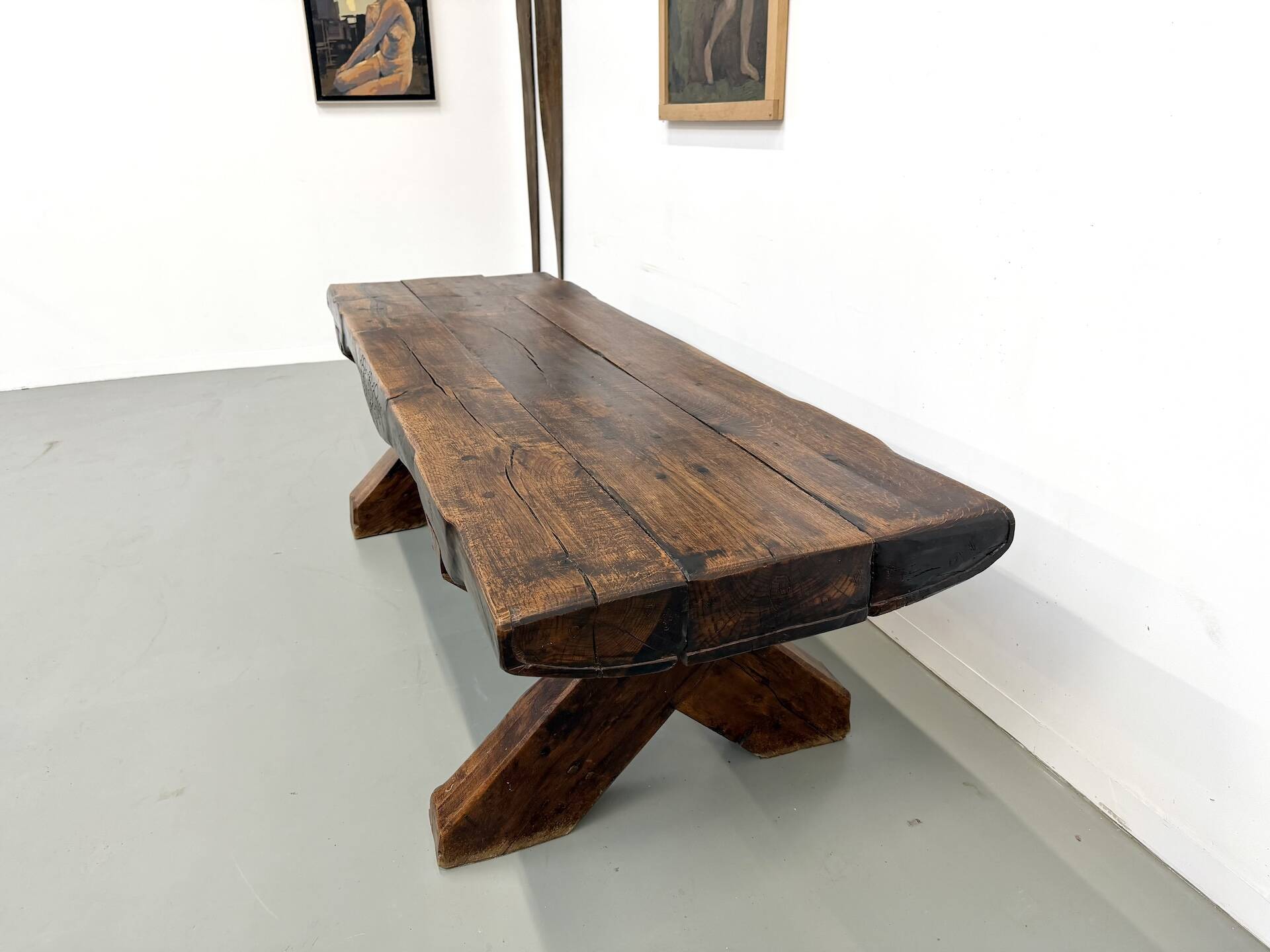 Table Brutaliste en Chêne Massif, Art Populaire (Vers 1900)