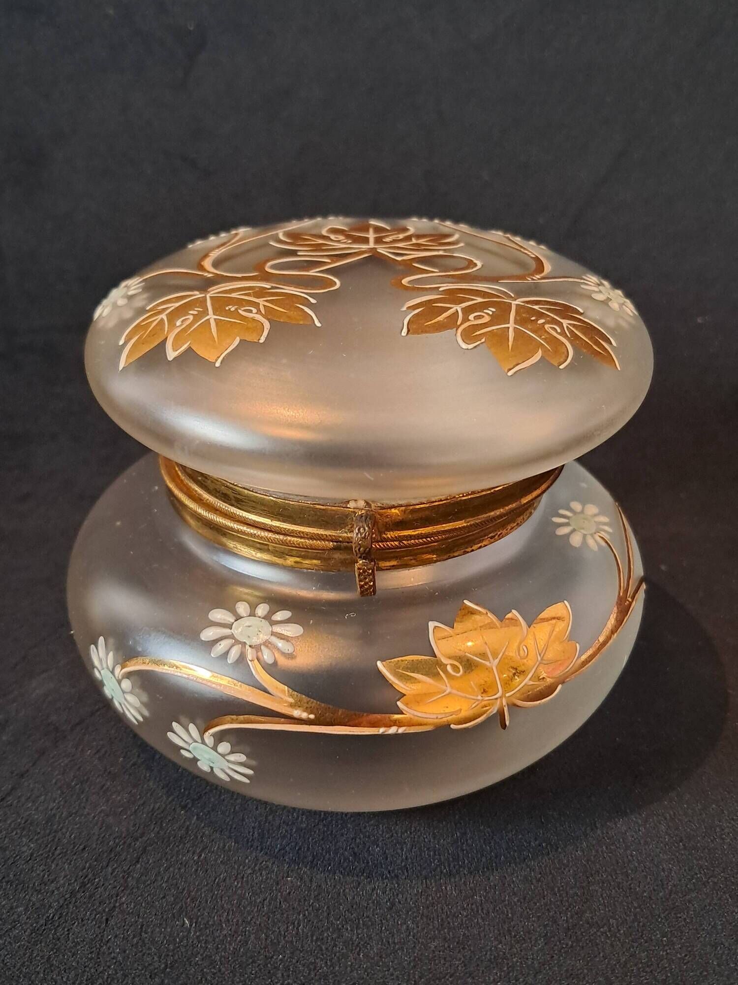 Art nouveau satin glass candy dish with enamel painted floral decor