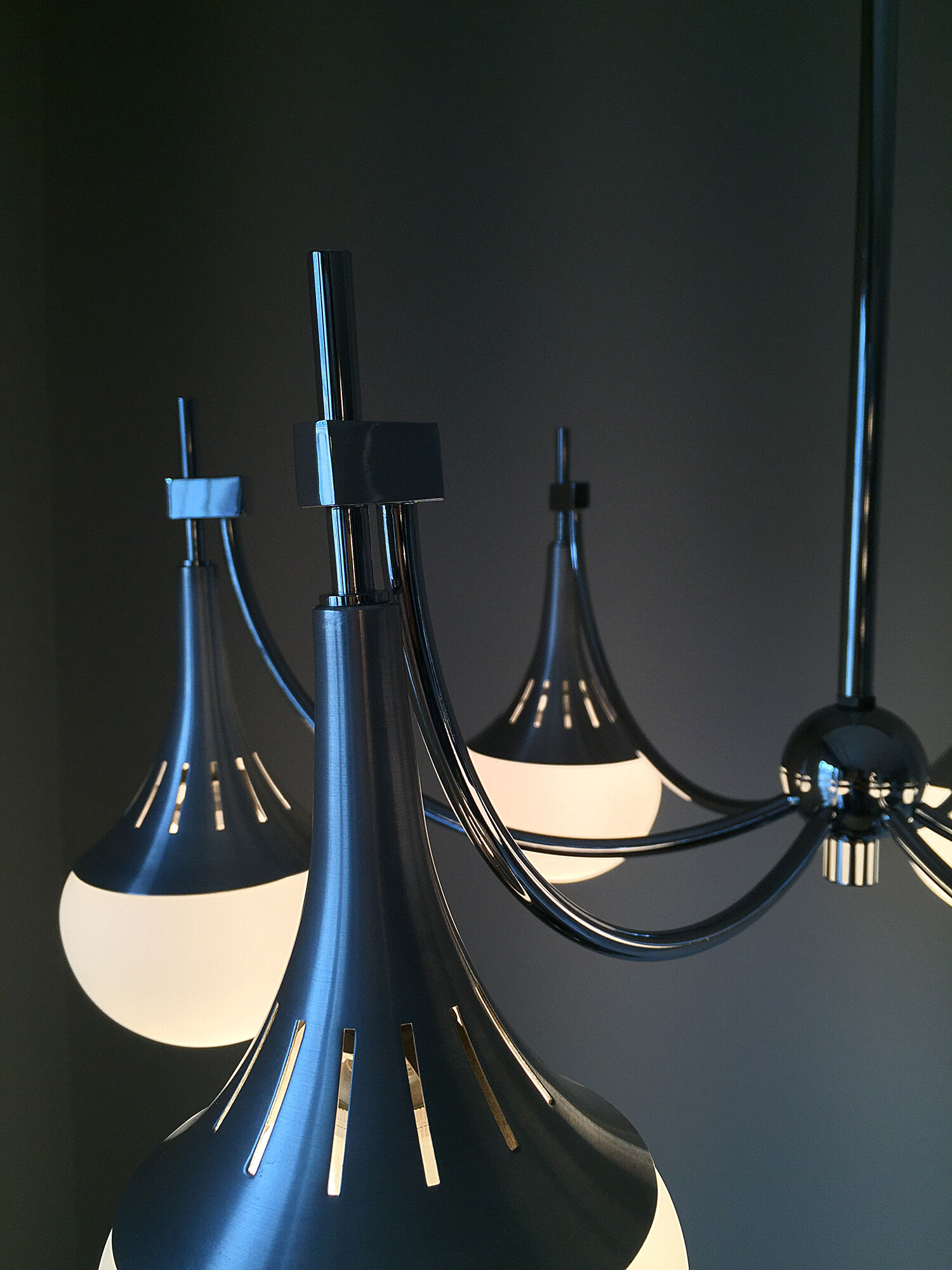 Chandelier 6 lights chrome aluminum and opaline satin Maison Sciolari 1960