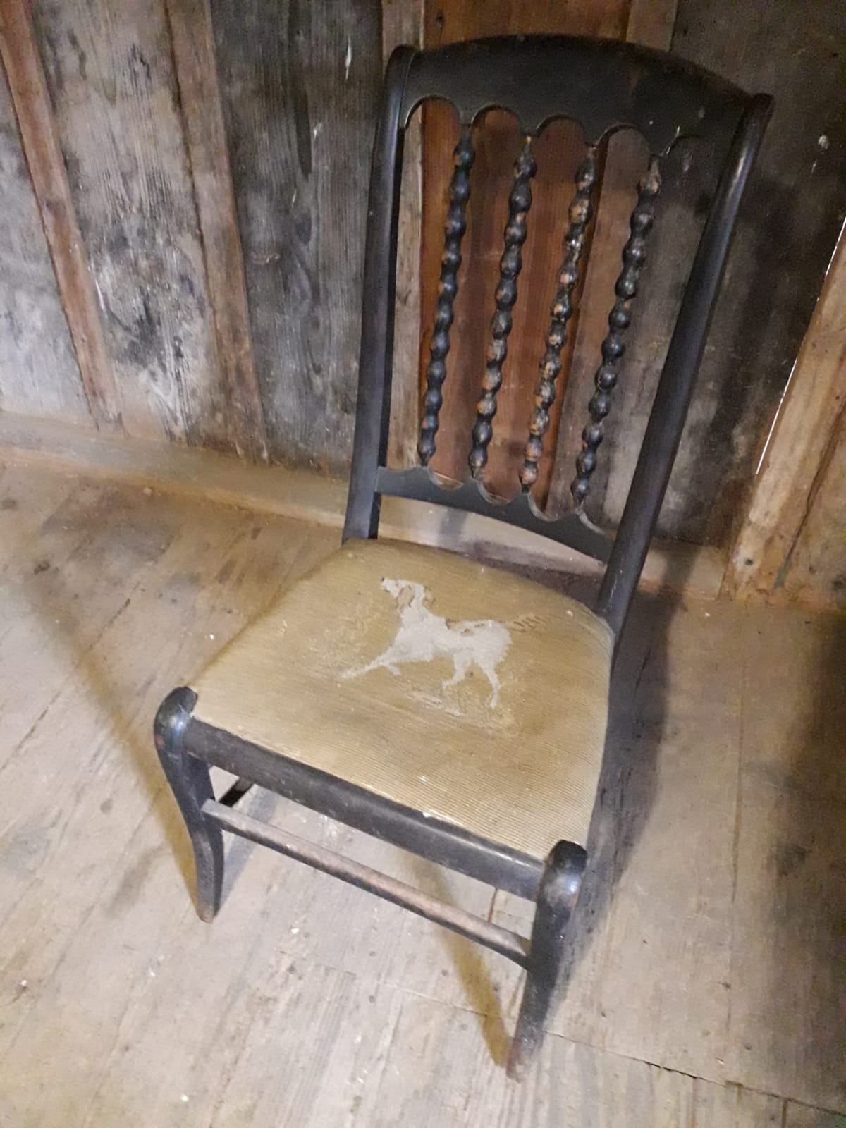 1900s Chair with drawing of an embroidered hunting dog and wooden beads