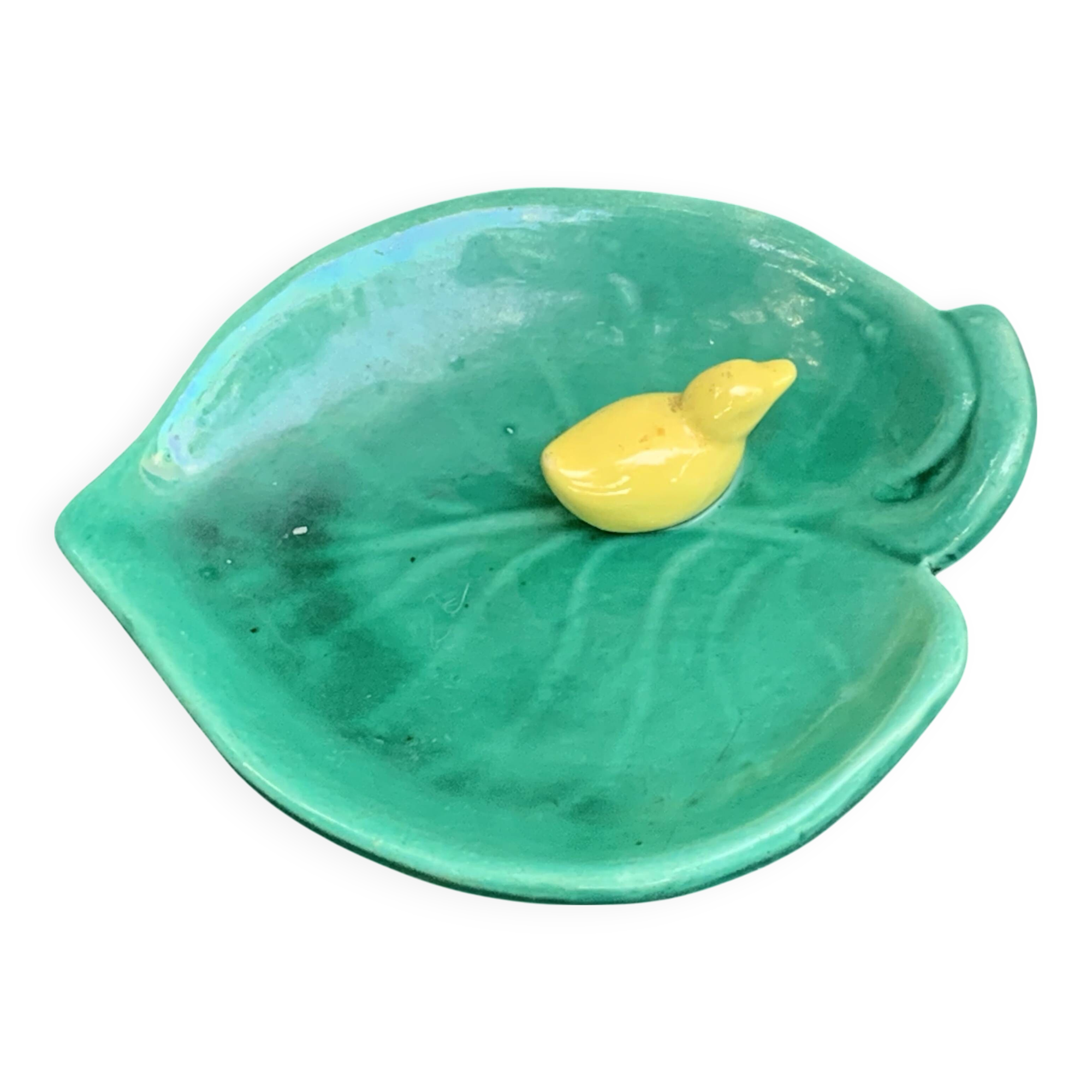 Empty pocket, duck soap dish on green barbotine leaf vintage