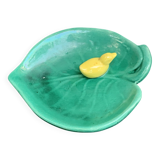 Empty pocket, duck soap dish on green barbotine leaf vintage