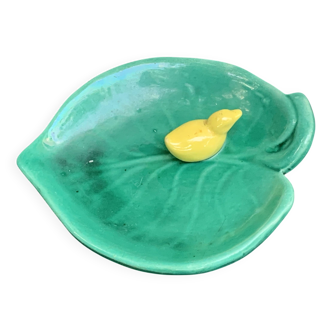 Empty pocket, duck soap dish on green barbotine leaf vintage
